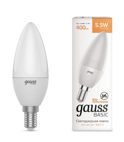 Лампа светодиодная Gauss E14 5,5W 3000К свеча матовая 1033116