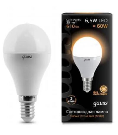 Лампа светодиодная Gauss E14 6.5W 3000K матовая 105101107