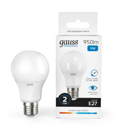 Лампа светодиодная Gauss E27 10W 6500K груша матовая 23230