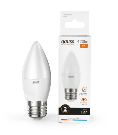 Лампа светодиодная Gauss E27 6W 3000K свеча матовая 33216