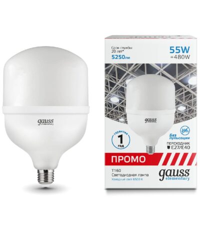 Лампа светодиодная Gauss E40 55W 6500K матовая 60436