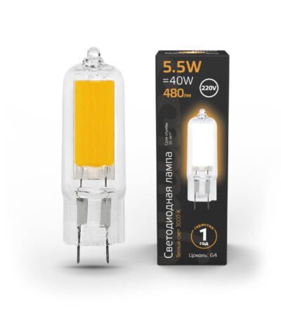 Лампа светодиодная Gauss G4 5.5W 3000K прозрачная 107807105