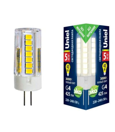 Лампа светодиодная (UL-00006744) Uniel G4 5W 3000K прозрачная LED-JC-220/5W/3000K/G4/CL GLZ09TR
