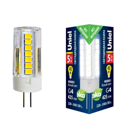 Лампа светодиодная (UL-00006745) Uniel G4 5W 4000K прозрачная LED-JC-220/5W/4000K/G4/CL GLZ09TR