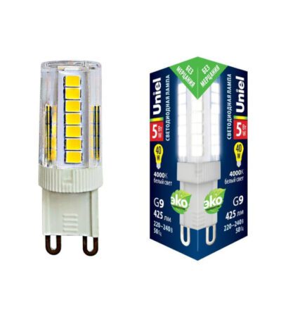 Лампа светодиодная (UL-00006749) Uniel G9 5W 4000K прозрачная LED-JCD-5W/4000K/G9/CL GLZ09TR