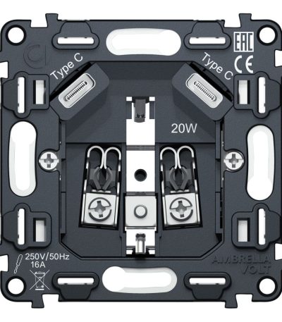 Механизм электрической розетки 2USB С+C 20W (быстрая зарядка) с/з на винтовых зажимах 16A-250V QUANT Ambrella Volt VM165