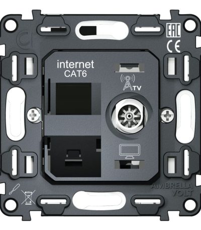 Механизм розетки компьютерной + TV оконечной RJ-45 (8P8C) CAT6/50-870 MHz 1dB с автоматической защитной шторкой QUANT Ambrella Volt VM195