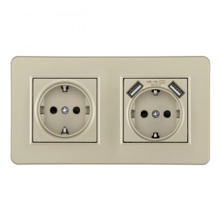 Розетка двойная (двухпостовая) с/з и шторками + USB Arte Milano SET16-2-47-1-40-1 shampan