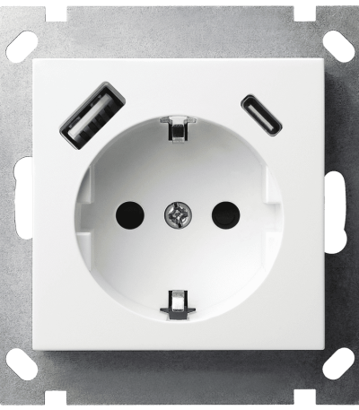 Розетка SHUKO Jasmart с USB тип A-C с защитными шторками 25W 16A 250V 2P+T белый глянцевый G5501USB-25W