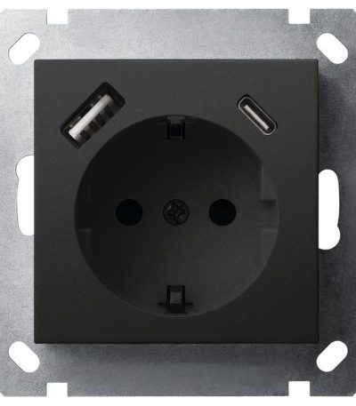 Розетка SHUKO Jasmart с USB тип USB A-C с защитными шторками черный матовый (soft touch) 25W 16A 250V 2P+T G5501USB-25PB