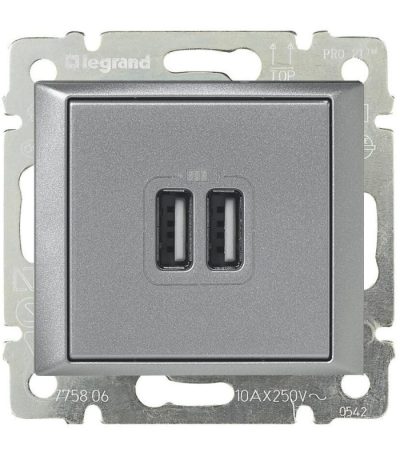 Розетка USB двойная Legrand Valena 240V/5V 2400mA алюминий 770270