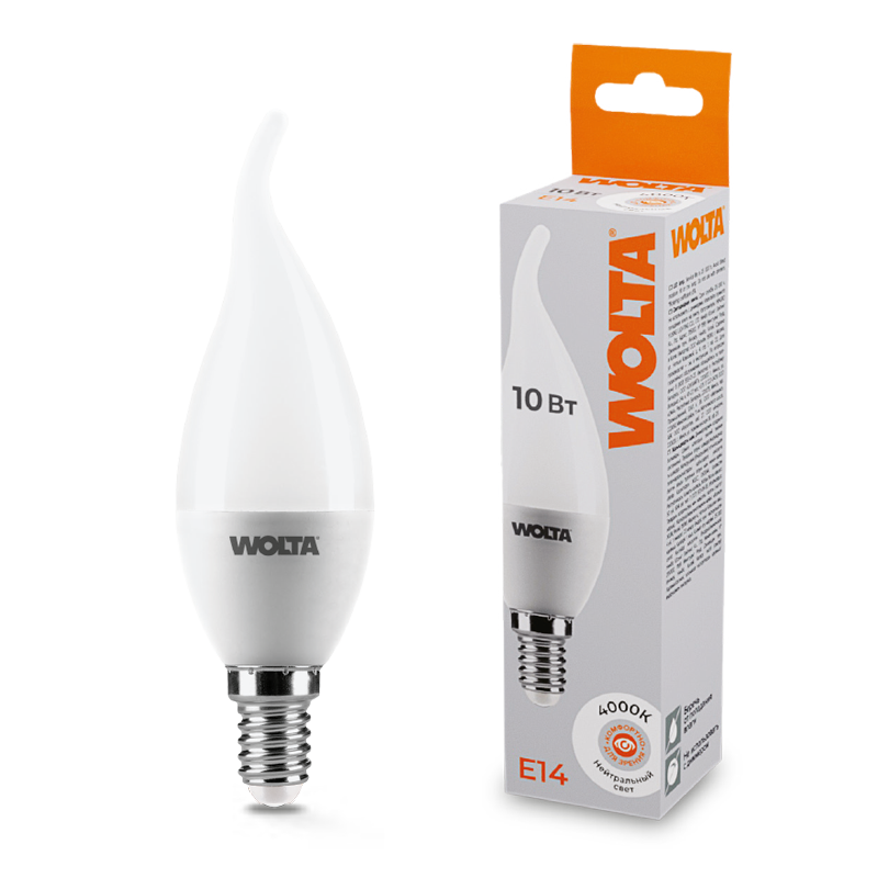 Светодиодная лампа WOLTA 10Вт 4000K E14 свеча на ветру матовая 25SCD10E14 Светодиодная лампа WOLTA 10Вт 4000K E14 свеча на ветру матовая 25SCD10E14