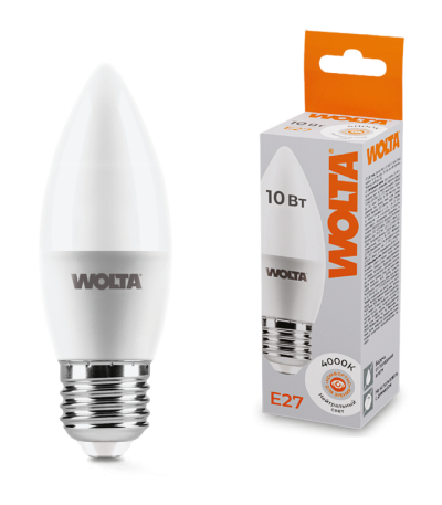 Светодиодная лампа WOLTA 10Вт 4000K E27 свеча матовая 25SC10E27