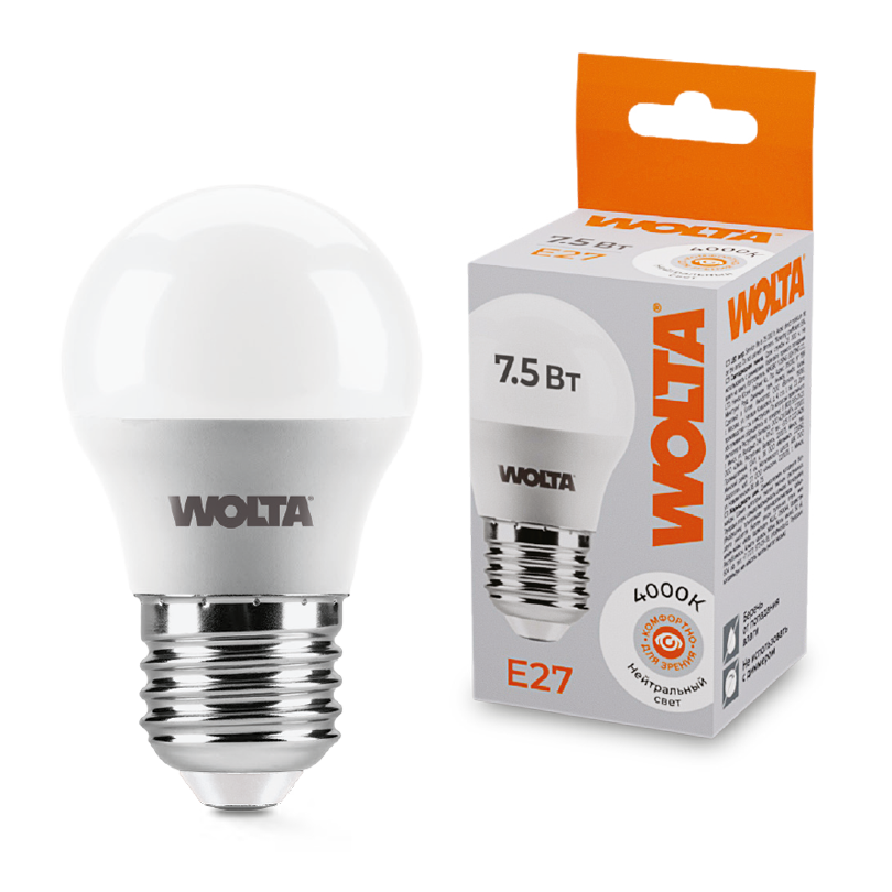 Светодиодная лампа WOLTA 7.5Вт 4000K E27 груша матовая 25S45GL7.5E27 Светодиодная лампа WOLTA 7.5Вт 4000K E27 груша матовая 25S45GL7.5E27