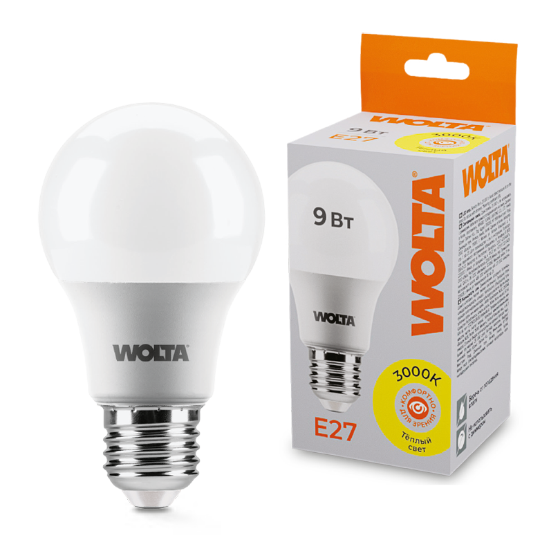 Светодиодная лампа WOLTA 9Вт 3000К E27 груша матовая 25Y60BL9E27 Светодиодная лампа WOLTA 9Вт 3000К E27 груша матовая 25Y60BL9E27