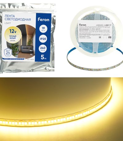 Светодиодная лента Feron LS617 12В 19Вт/м 3000К 5м IP20 48826