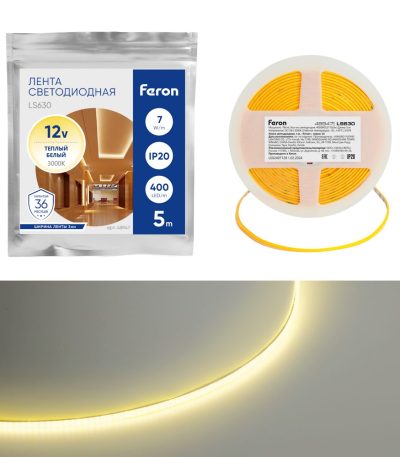 Светодиодная лента Feron LS630 12В 7Вт/м 3000К 5м IP20 48947