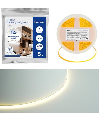 Светодиодная лента Feron LS630 12В 7Вт/м 4000К 5м IP20 48948