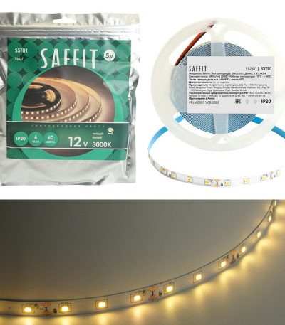 Светодиодная лента Saffit SST01 12В 6Вт/м 3000К 5м IP20 55237