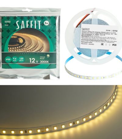 Светодиодная лента Saffit SST02 12В 9,6Вт/м 3000К 5м IP20 55240