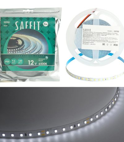 Светодиодная лента Saffit SST02 12В 9,6Вт/м 6500К 5м IP20 55242