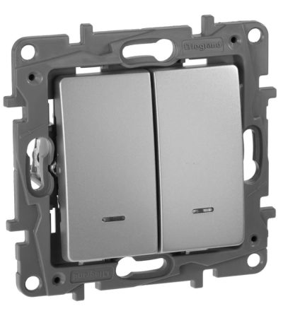 Выключатель двухклавишный Legrand Etika с подсветкой 10A 250V алюминий 672404