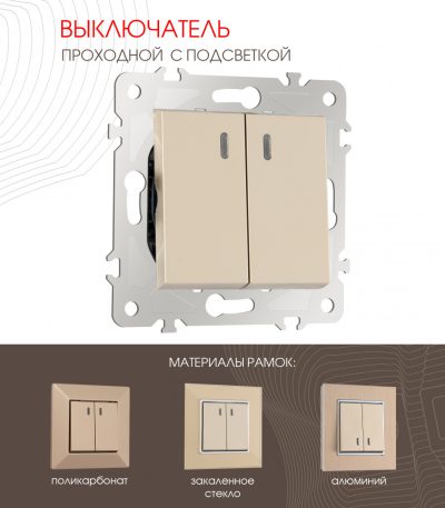 Выключатель двухклавишный проходной Arte Milano 203.33-2.shampan