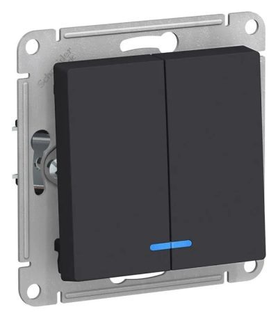 Выключатель двухклавишный Schneider Electric AtlasDesign 10A 250V с подсветкой карбон ATN001053