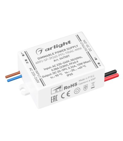 Блок питания Arlight ARPJ-SP-39260-PFC-TRIAC-MINI (10W, 20-39V, 260mA) 047587