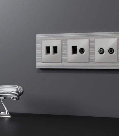 Комплект механизма компьютерной двойной розетки RJ-45 Ambrella Volt MA412110 (8P8C) CAT6 с автоматической защитной шторкой Alfa Серебро глянец Quant