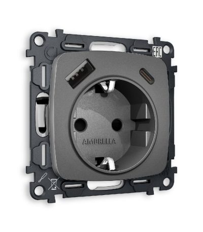 Комплект механизма розетки 2USB A+C 20W (быстрая зарядка) с/з Ambrella Volt Omega MO660010