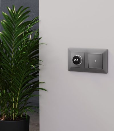 Комплект механизма терморегулятора с цифровым дисплеем с подсветкой и датчиком для теплого пола Alfa Сталь матовый Quant Ambrella Volt MA505810 (AP5058, VM1385)