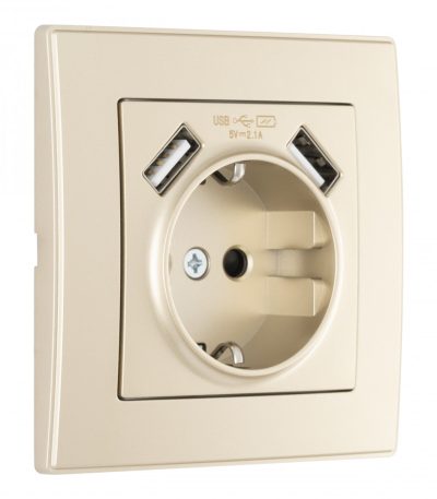 Комплект розетки с/з и шторками + USB и рамкой Arte Milano SET06-1-47-1 shampan