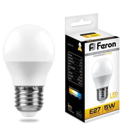 Лампа светодиодная Feron E27 5W 2700K Шар Матовая LB-38 25404