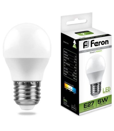 Лампа светодиодная Feron E27 5W 4000K Шар Матовая LB-38 25405