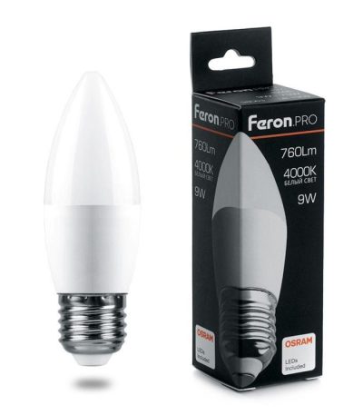 Лампа светодиодная Feron E27 9W 4000K свеча матовая LB-1309 38063