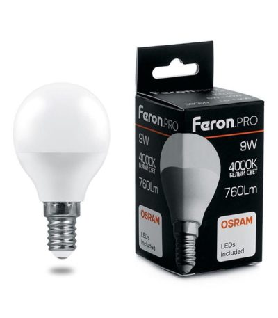 Лампа светодиодная Feron Pro E14 9W 4000K шар матовый LB-1409 38078