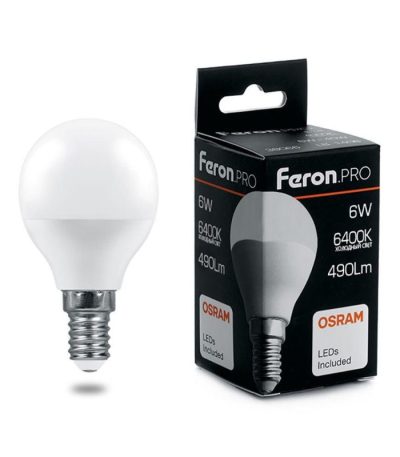 Лампа светодиодная Feron Pro E27 6W 6400K шар матовый LB-1406 38067