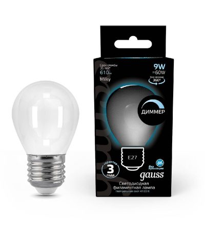 Лампа светодиодная филаментная диммируемая Gauss E27 9W 4100К матовая 105202209-D