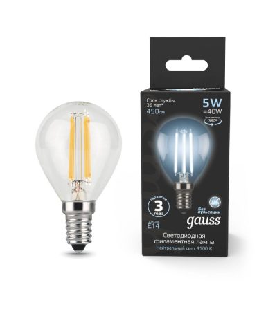 Лампа светодиодная филаментная Gauss E14 5W 4100K прозрачная 105801205
