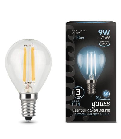 Лампа светодиодная филаментная Gauss E14 9W 4100К прозрачная 105801209