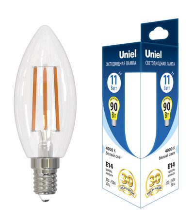 Лампа светодиодная филаментная Uniel E14 11W 4000K свеча прозрачная LED-C35-11W/4000K/E14/CL GLA03TR UL-00006848
