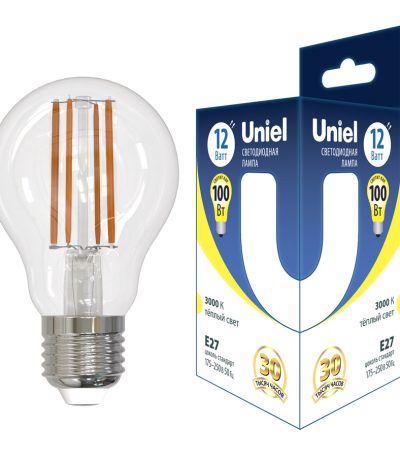 Лампа светодиодная филаментная Uniel E27 12W 3000K груша прозрачная LED-A60-12W/3000K/E27/CL GLA03TR UL-00006845