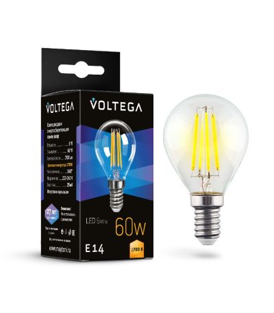 Лампа светодиодная филаментная Voltega E14 6W 2700K груша прозрачная 7212