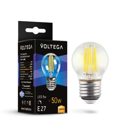 Лампа светодиодная филаментная Voltega E27 5W 3000K шар прозрачный 7202