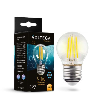 Лампа светодиодная филаментная Voltega E27 6W 2700K шар прозрачный 7223