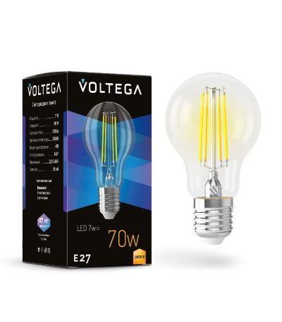 Лампа светодиодная филаментная Voltega E27 7W 3000K груша прозрачная 7225