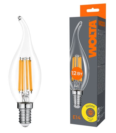Лампа светодиодная филаментная WOLTA 12Вт 3000K Е14 свеча на ветру прозрачная WF-CT35-12W3KE14