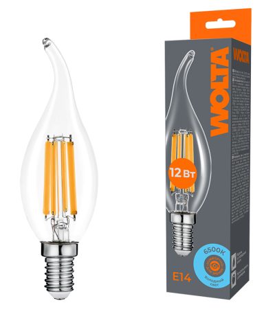 Лампа светодиодная филаментная WOLTA 12Вт 6500K Е14 свеча на ветру прозрачная WF-CT35-12W6KE14