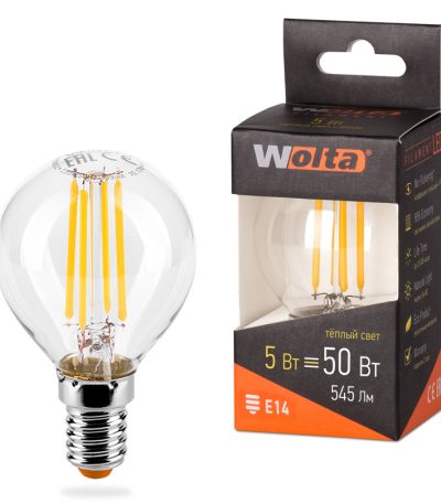 Лампа светодиодная филаментная WOLTA 5Вт 3000K Е14 шар прозрачный 25Y45GLFT5E14